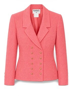 CHANEL Vintage Salmon Pink Boucle Tweed Blazer Jacket Weighted Chain Hem